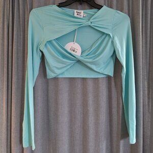 NWT Princess Polly Crop Top Women's 8 Long Sleeve Teal Blue Cutout Festival